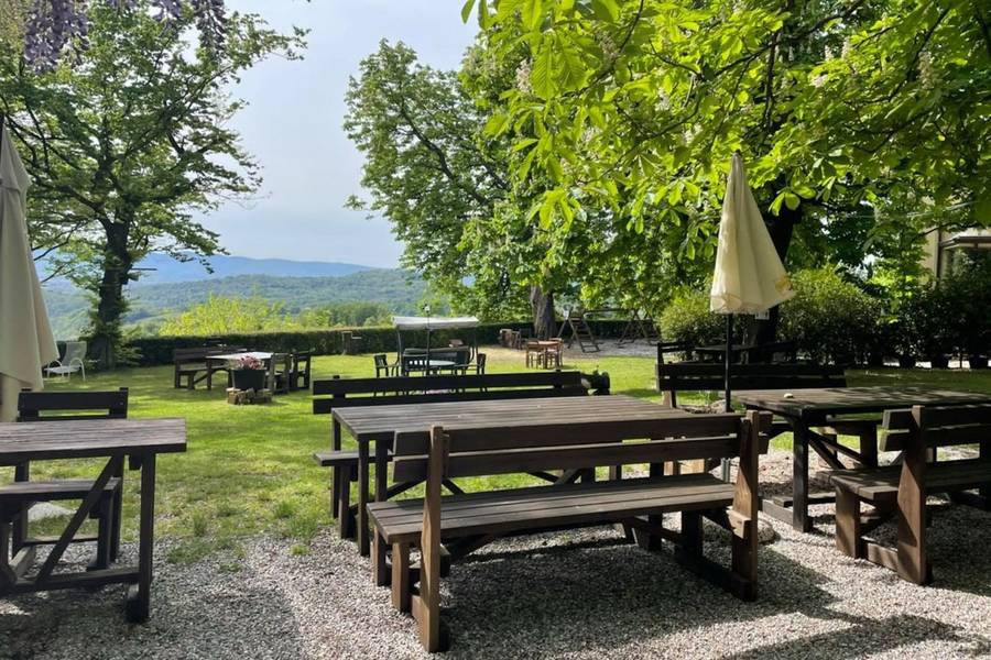 Tavoli in legno nel giardino sotto i castagni, con le colline sullo sfondo